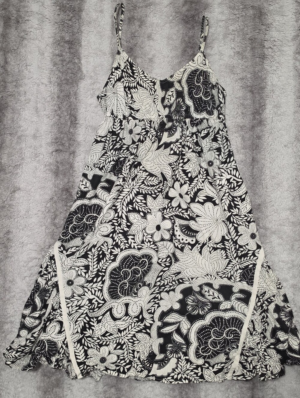 Y2K 2000s Black White French Euro Asymmetrical Sleevless Floral Midi Dress Large